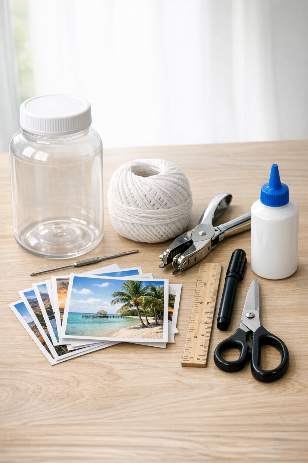 Materials for a crocheted memory jar cozy laid out on a table