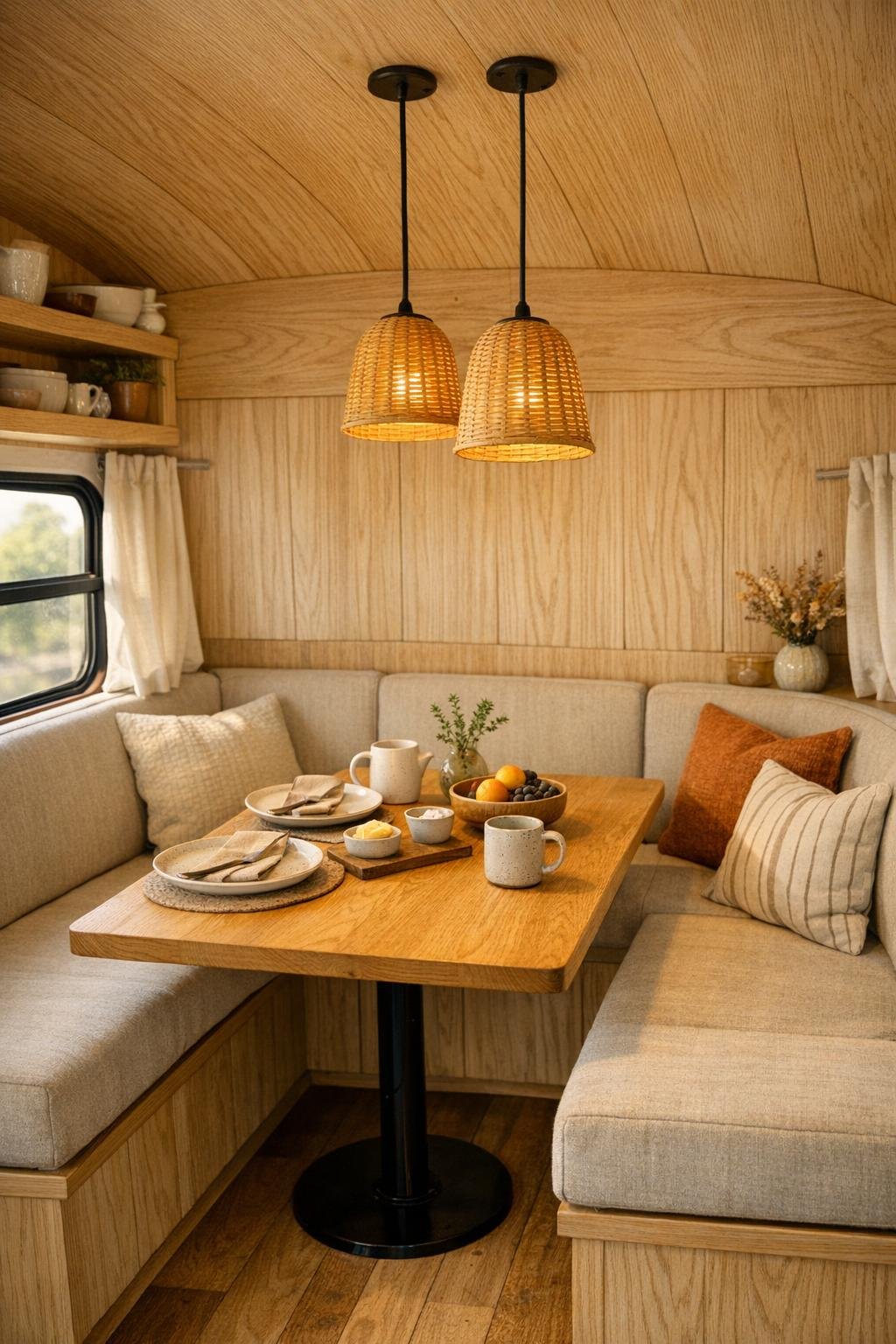 Compact dining nook with a built-in banquette and oak table inside the bus