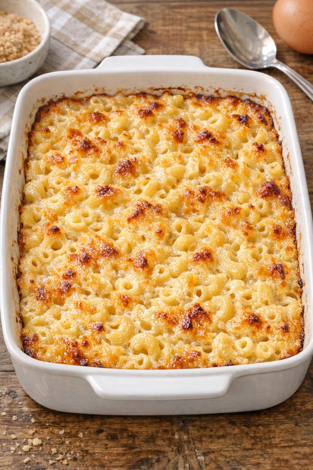 Finished baked sweet macaroni dessert in a ceramic baking dish