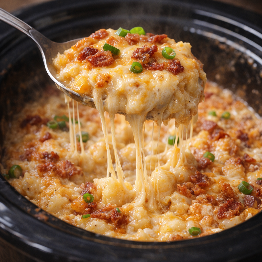 A spoonful of cheesy potato casserole lifted from the slow cooker