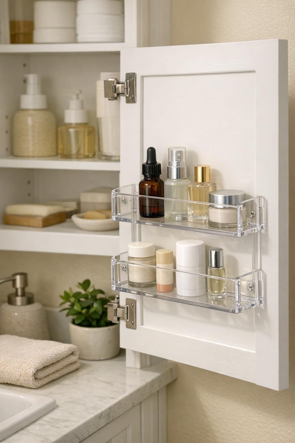 Finished bathroom vanity shelf made from an acrylic spice rack mounted inside a medicine cabinet door