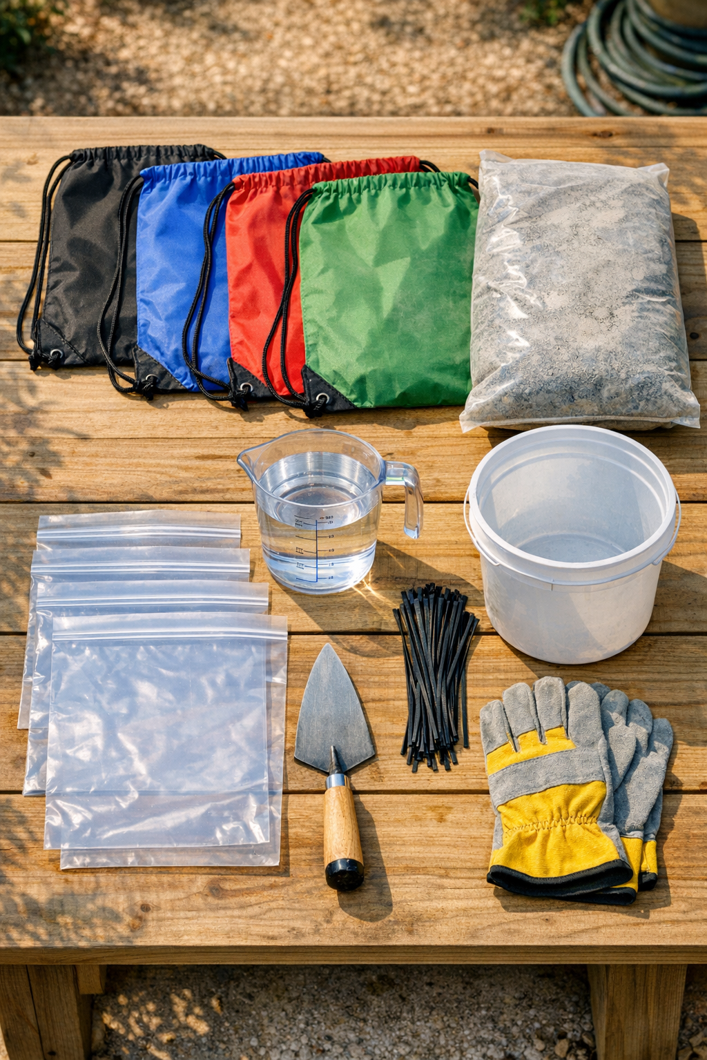 Materials for making heavy teardrop yard weights laid out on a work table