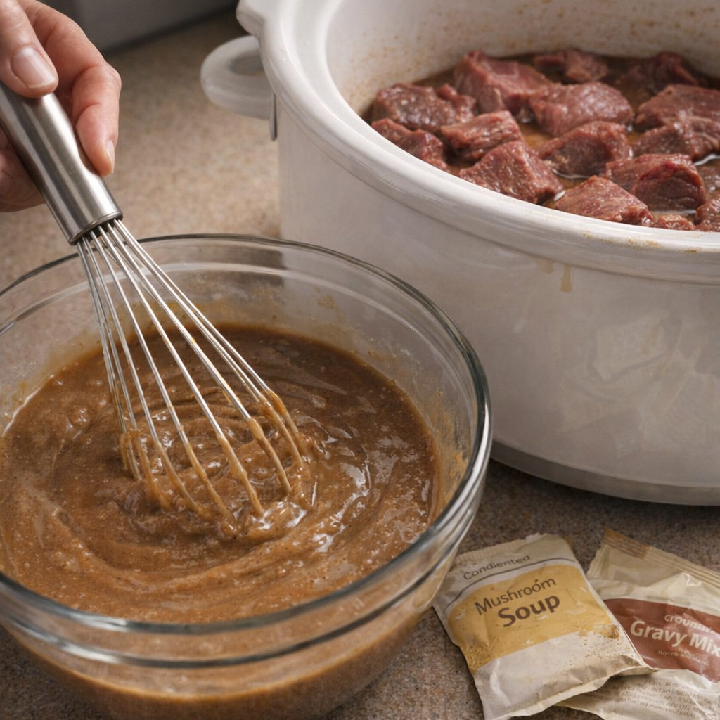 Gravy mixture being whisked in a bowl beside the slow cooker
