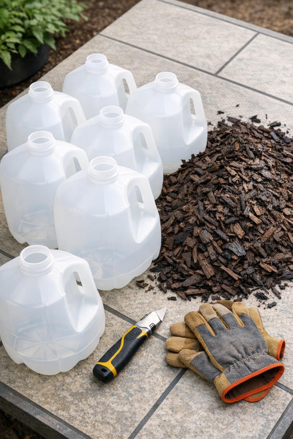 Plastic milk jugs and mulch laid out for the project