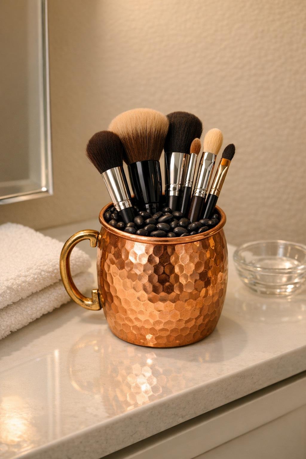 Finished copper mug makeup brush holder on a bathroom vanity