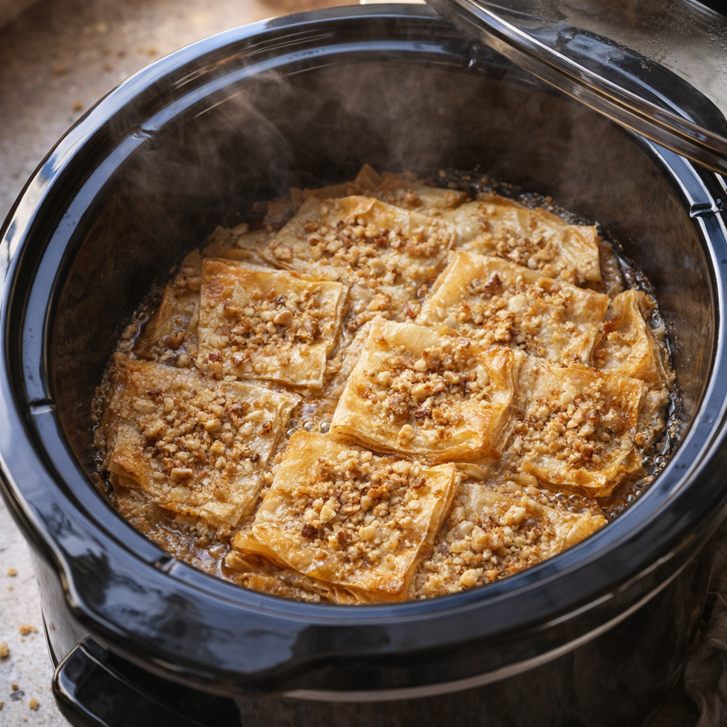 Finished phyllo dessert resting in the slow cooker