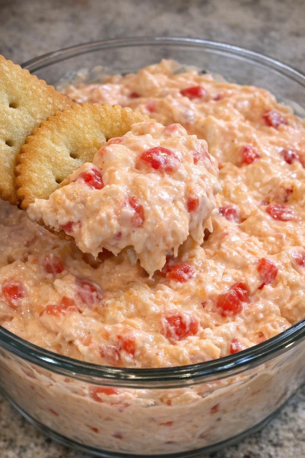 4-ingredient pimento hawthorne dip in a glass bowl with a cracker scooping