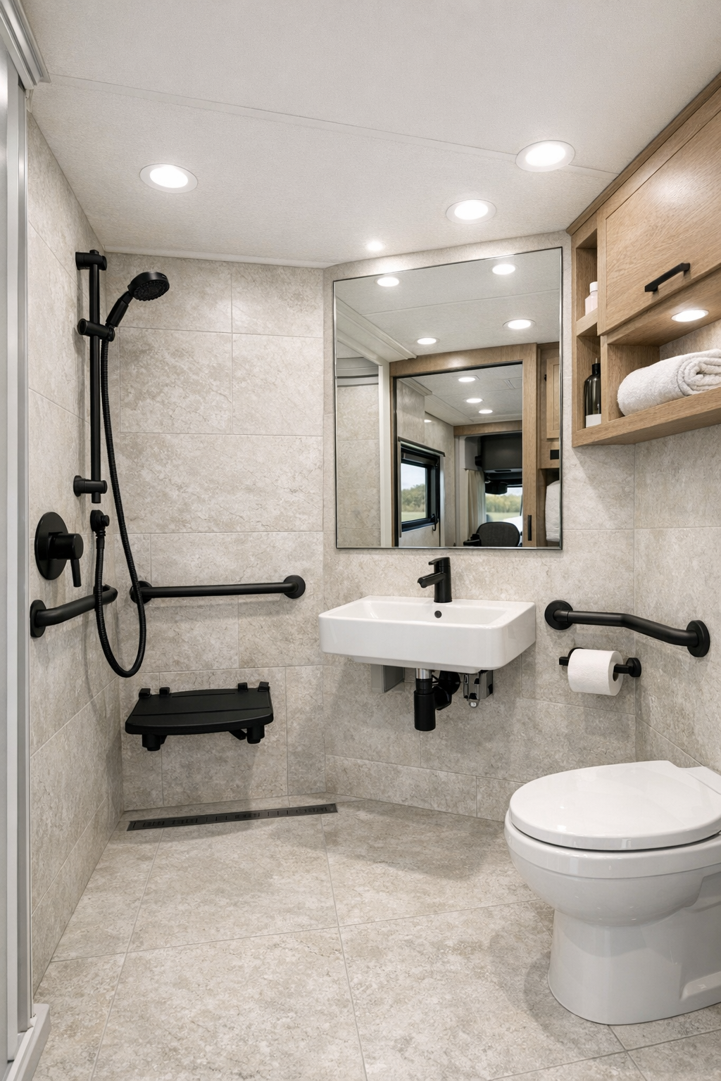 Accessible RV bathroom with curbless shower, pale finishes, and simple modern fixtures