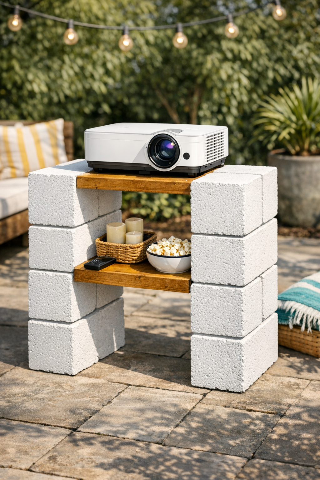 Finished outdoor projector stand made from white painted cinder blocks with a stained pine shelf insert