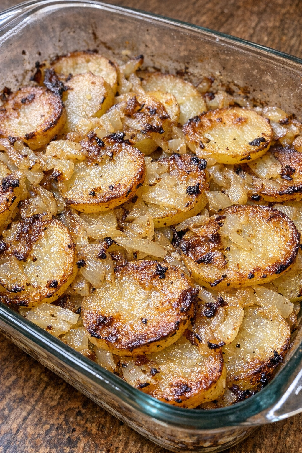 Golden browned sliced potatoes with caramelized onions in a glass baking dish