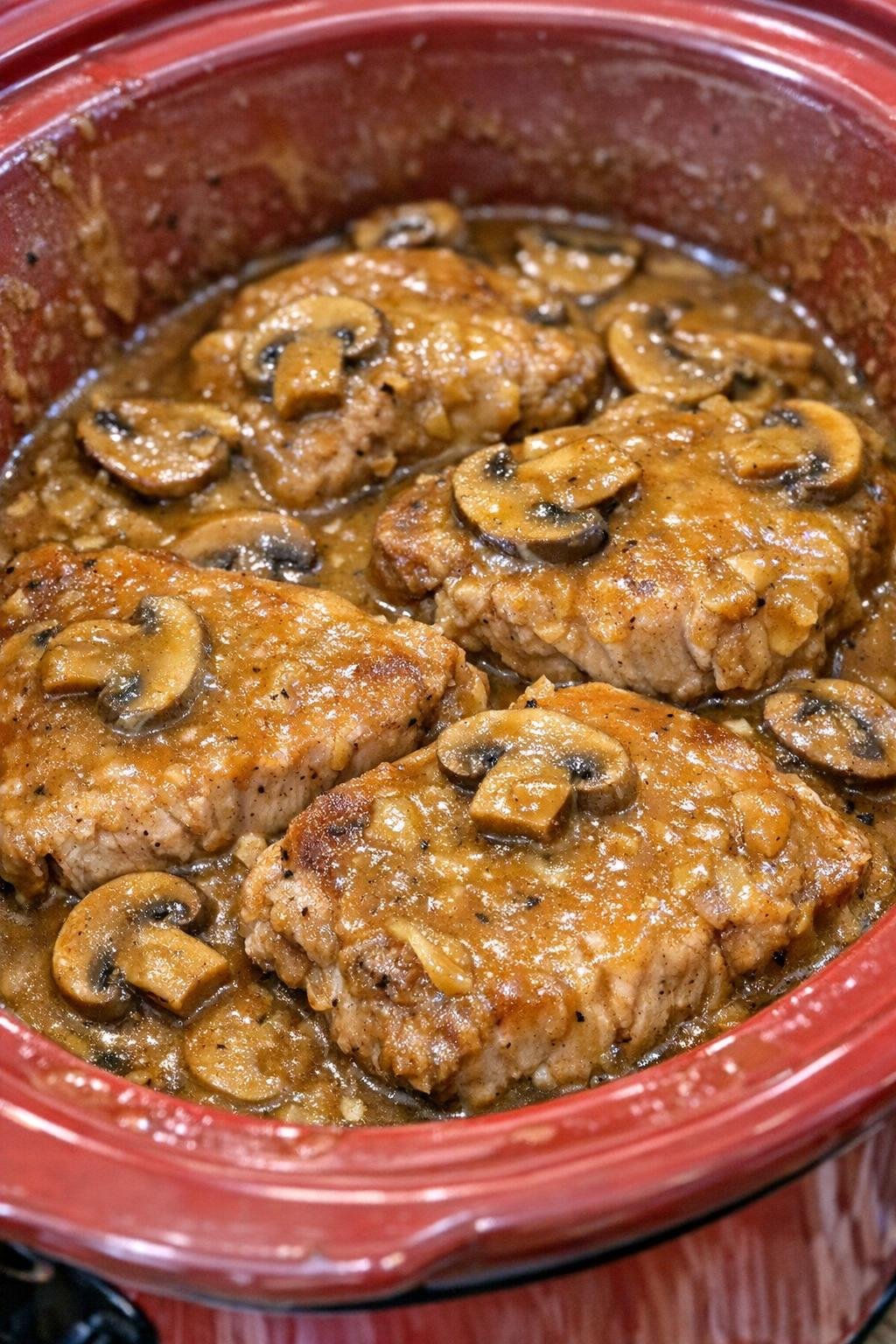 Slow cooker golden mushroom pork chops in a red slow cooker