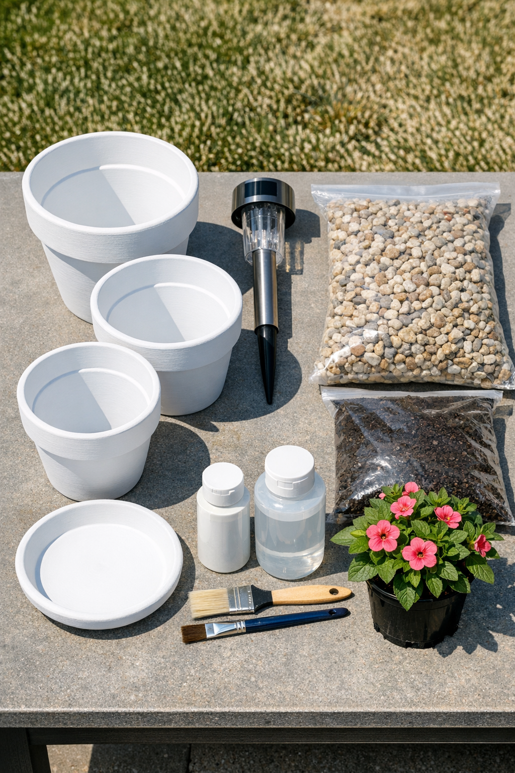 Materials for a terracotta pot solar lantern post laid out on a work surface