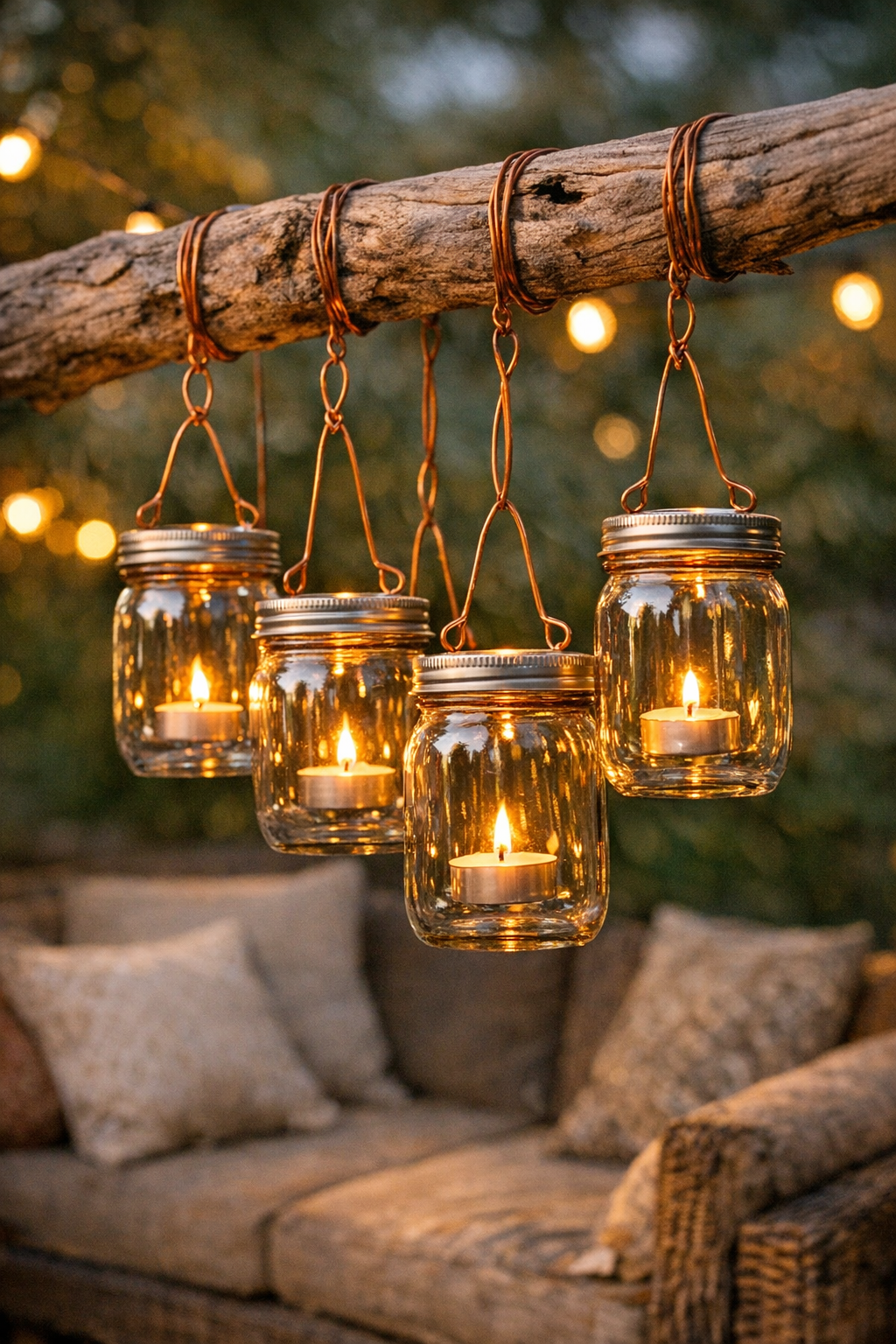 Finished mason jar lantern chandelier hanging on a patio