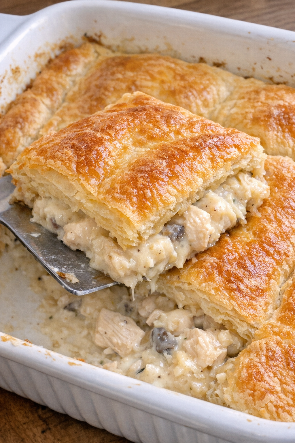 Golden puff pastry topped chicken casserole in a white baking dish