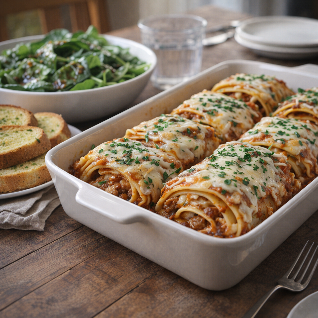 Side salad and garlic bread served beside lasagna roll-ups
