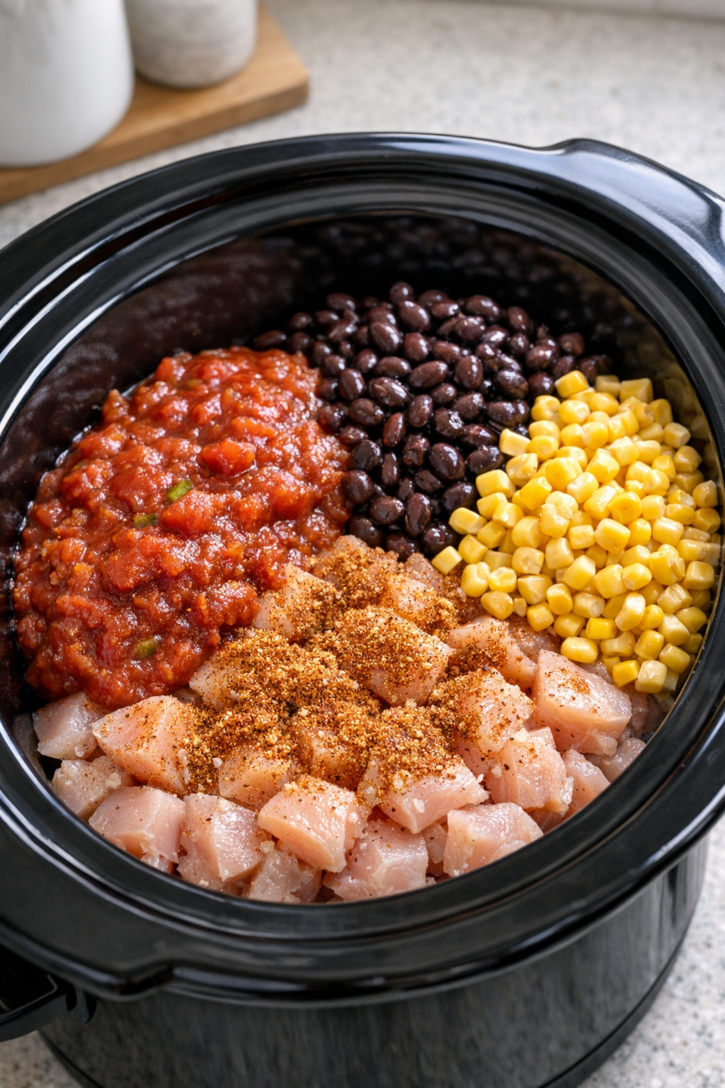 Seasoned chicken topped with salsa beans and corn
