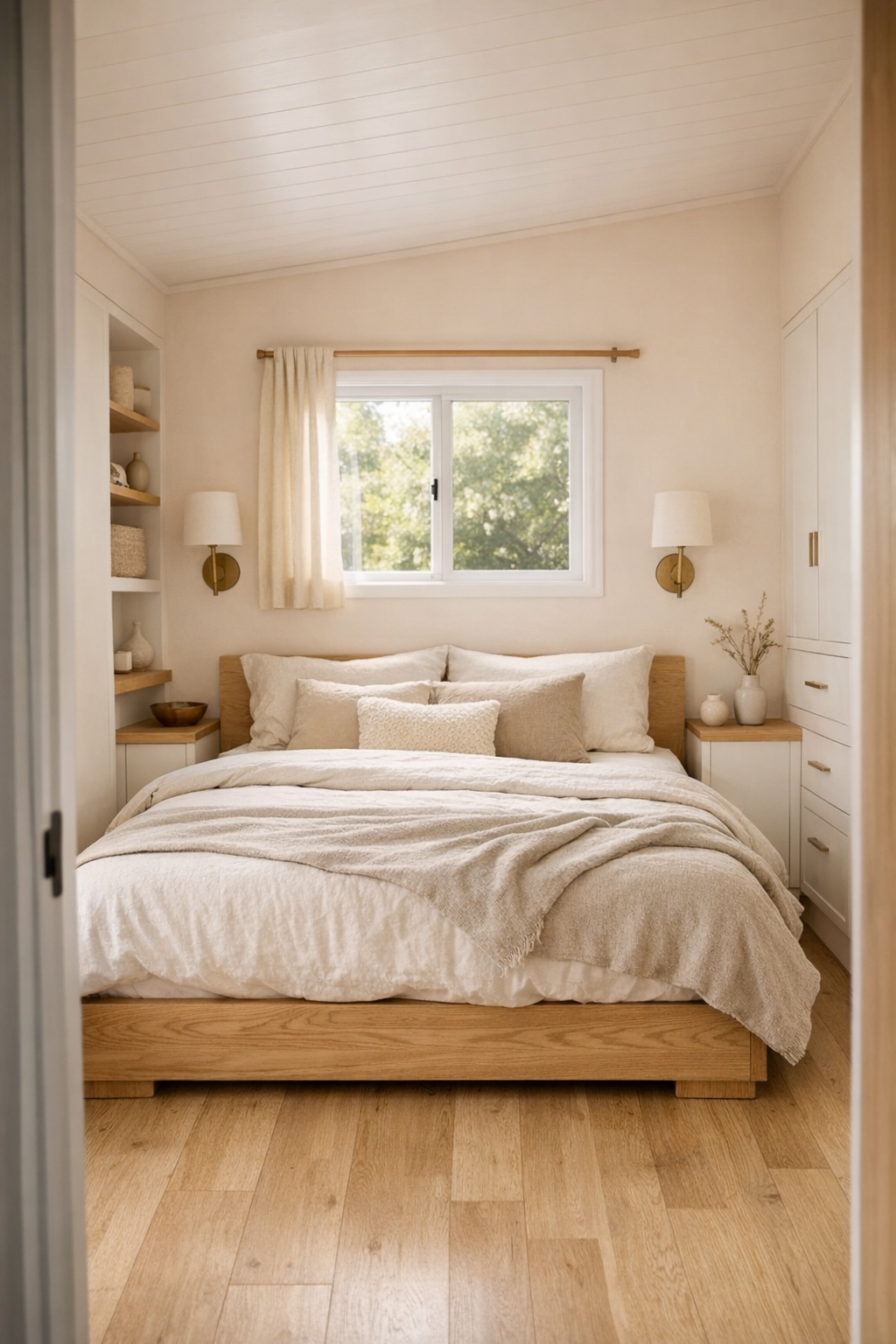 Calm tiny home bedroom with oak platform bed and soft peach accents