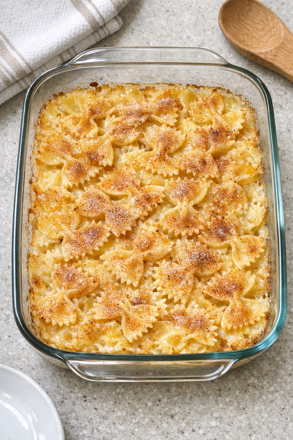 Finished sweet baked bow tie pasta dessert in a glass baking dish