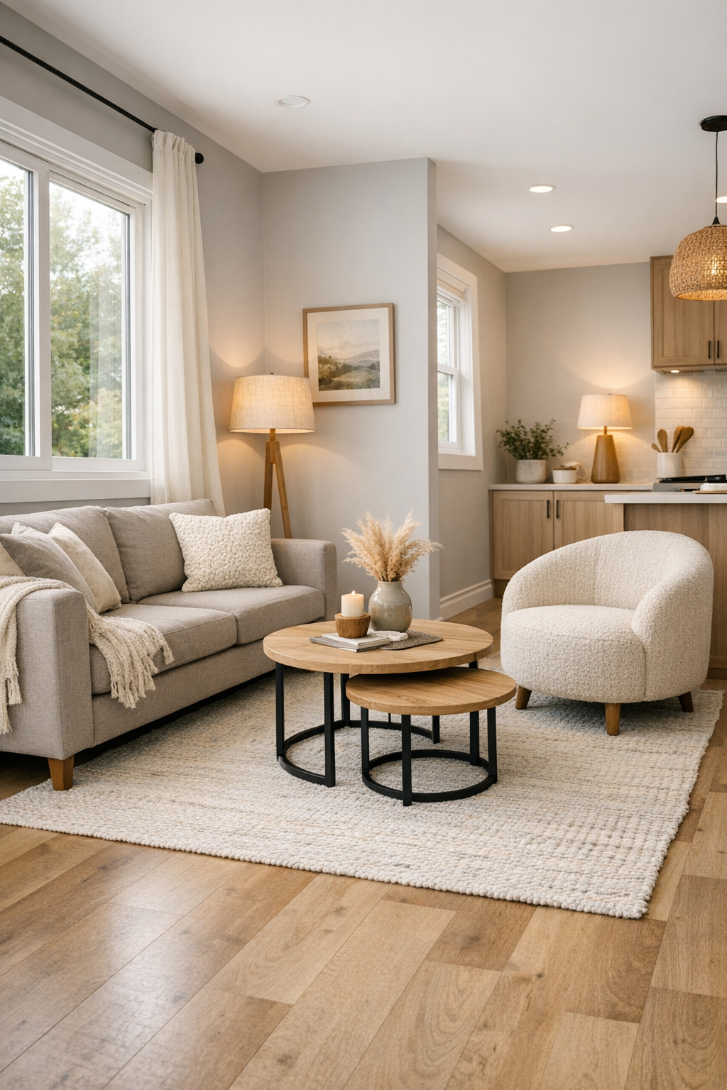 Bright accessible tiny home living room with whisper gray walls, a greige sofa, and large windows