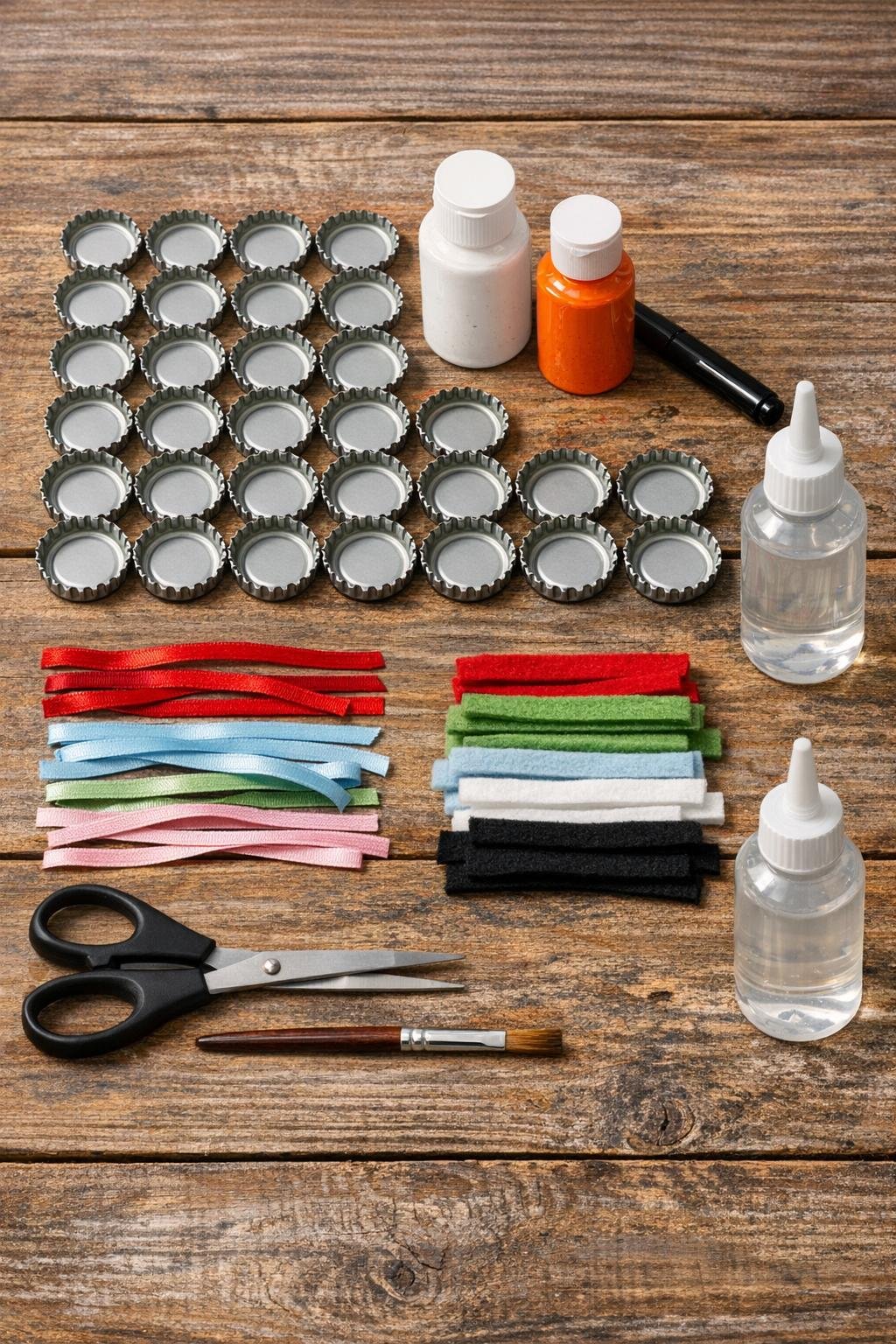 Materials for bottle cap snowman ornaments laid out on a table