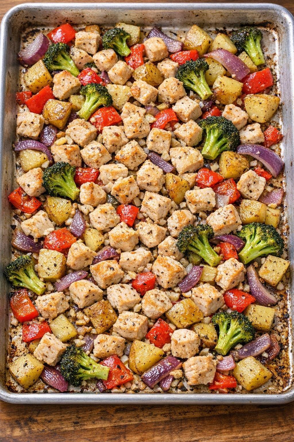 Finished baked chicken and vegetables on a sheet pan