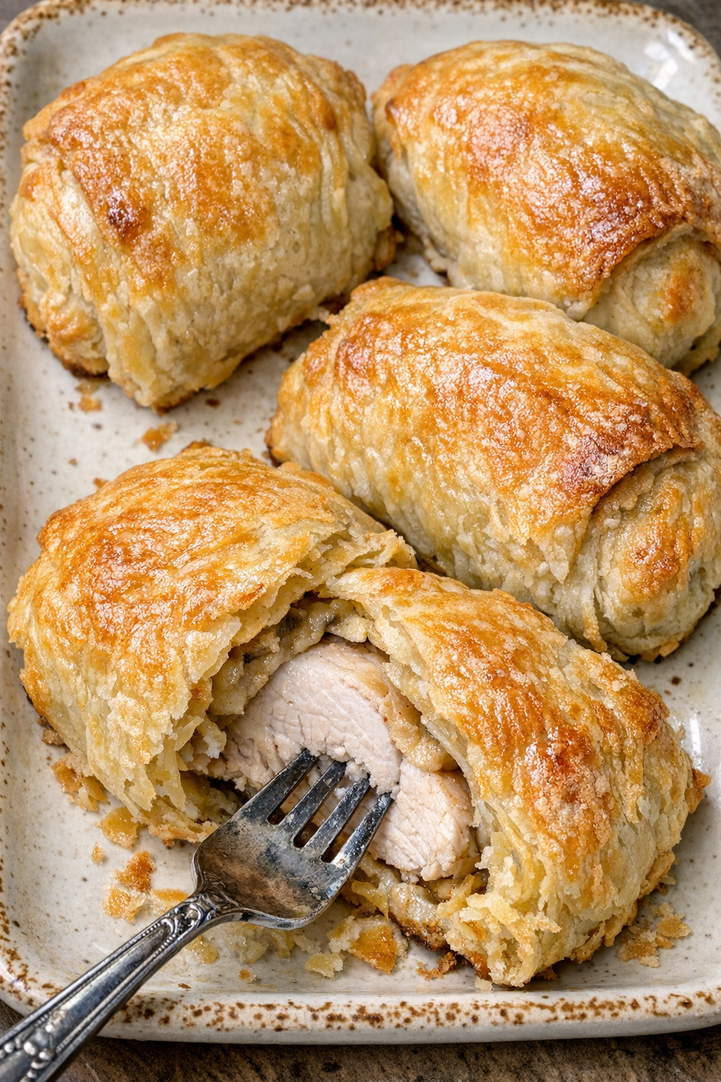 Flaky golden pastry-wrapped chicken portions on a rectangular ceramic platter
