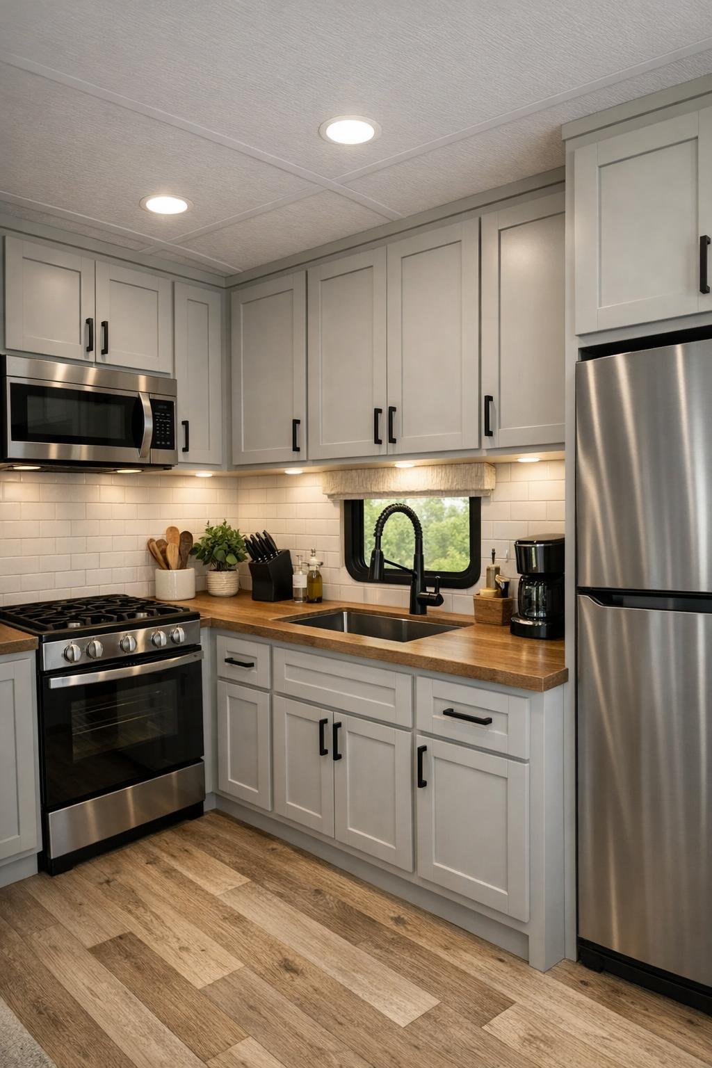 Efficient modern RV kitchen with light cabinetry, black hardware, and warm wood accents
