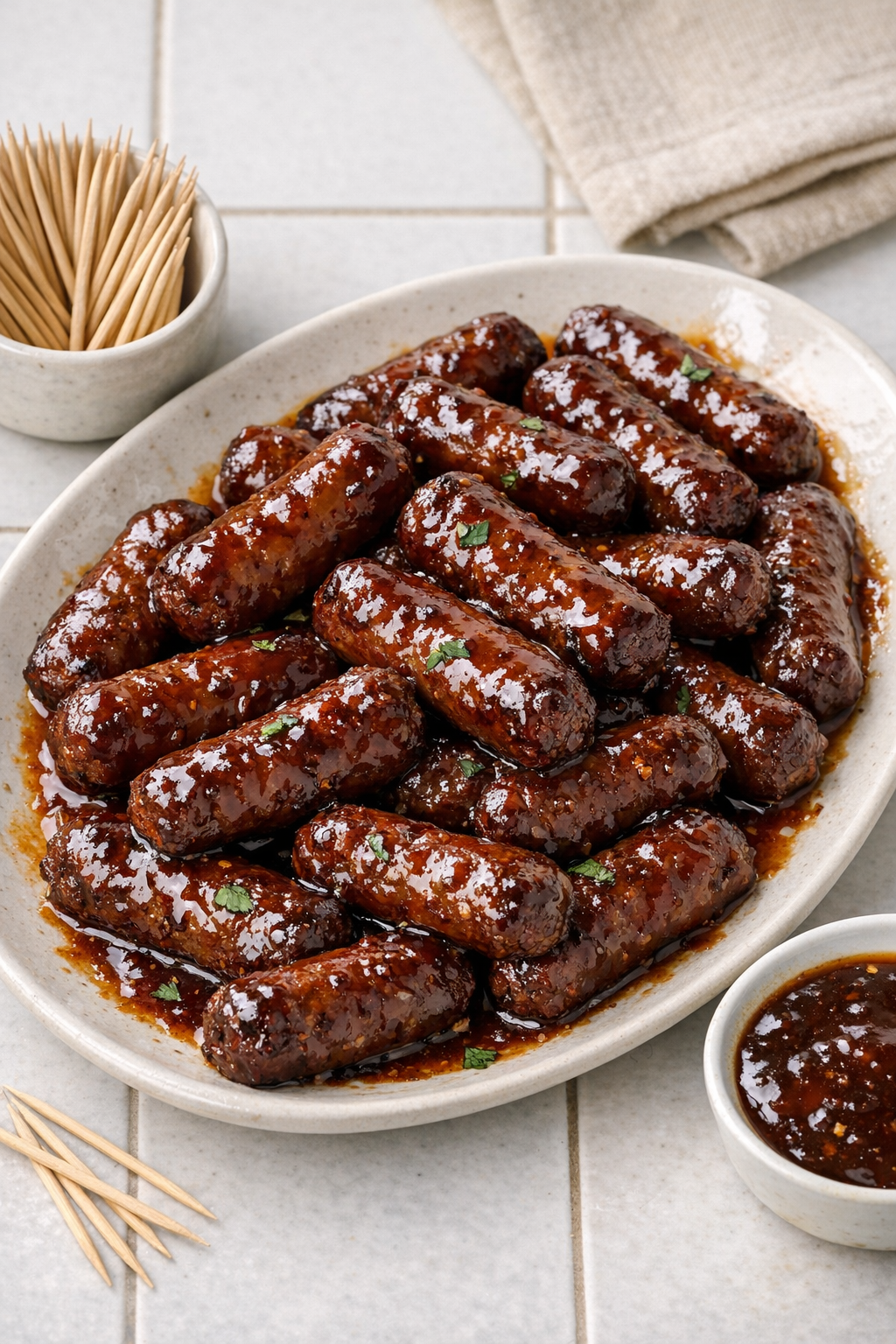Finished glazed beef sausage links on a serving platter