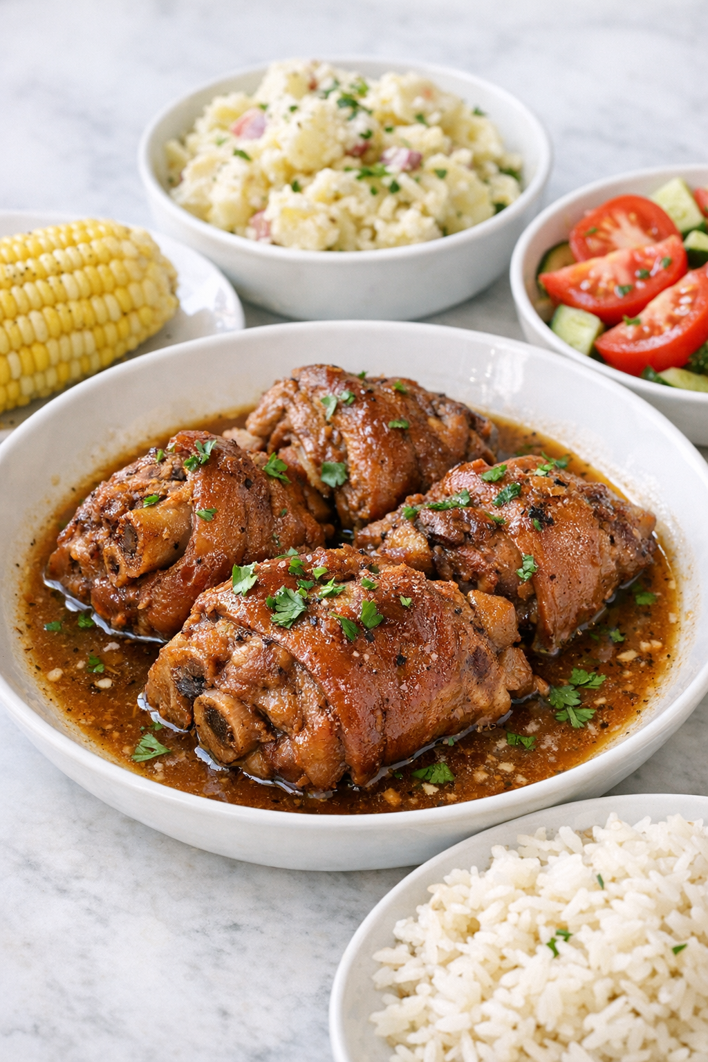 Finished slow cooker pork hocks plated with cooking juices