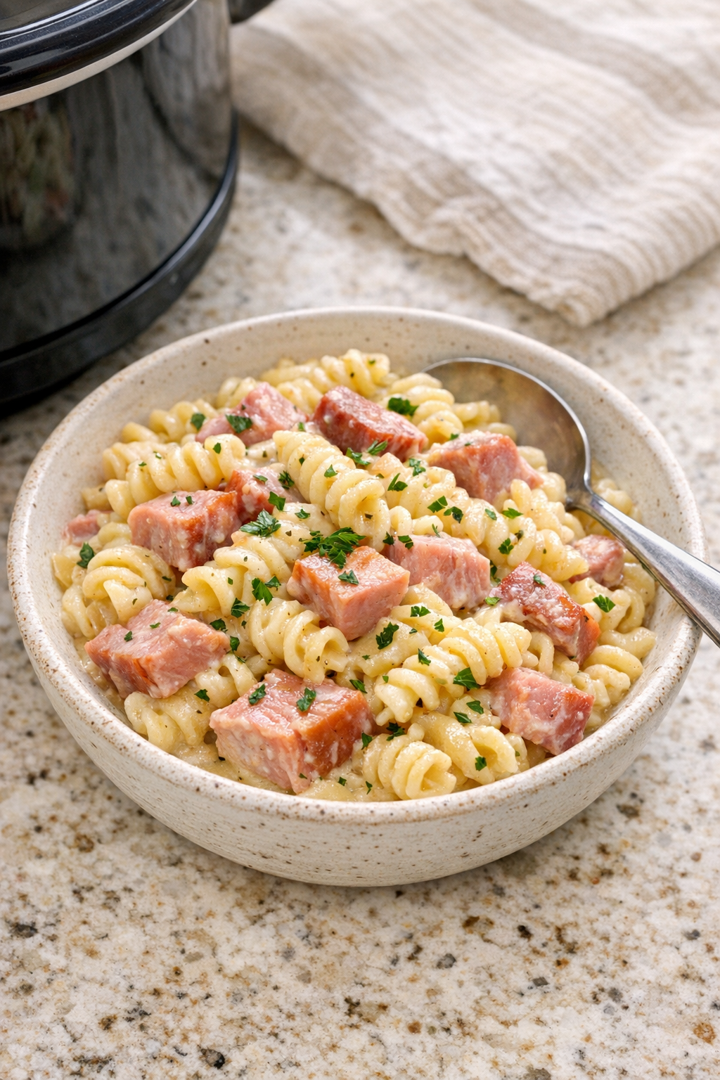Finished plated ham pasta in a rustic bowl