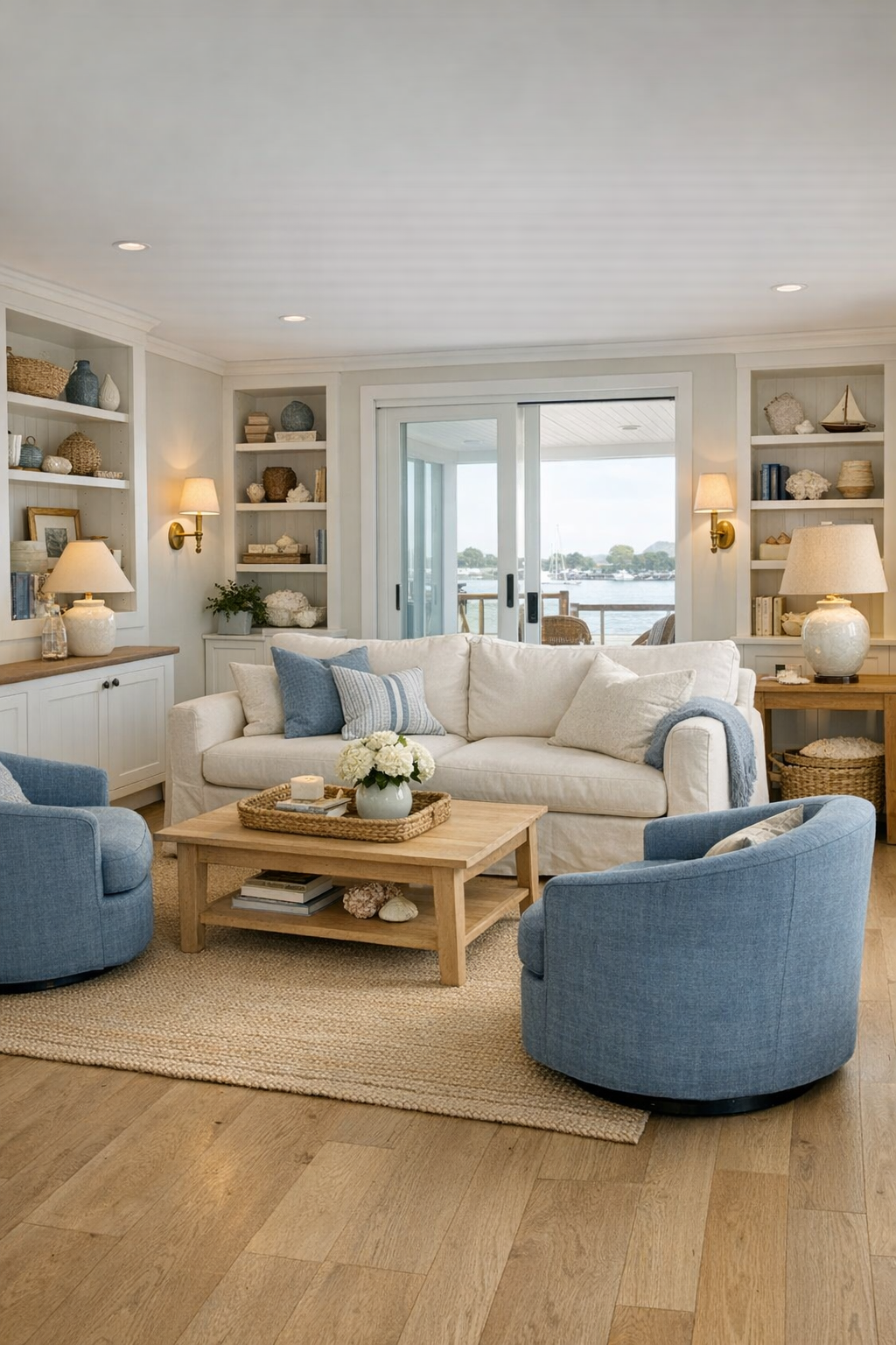 Bright Nantucket-style living room with pale oak floors, ivory seating, and soft blue accents