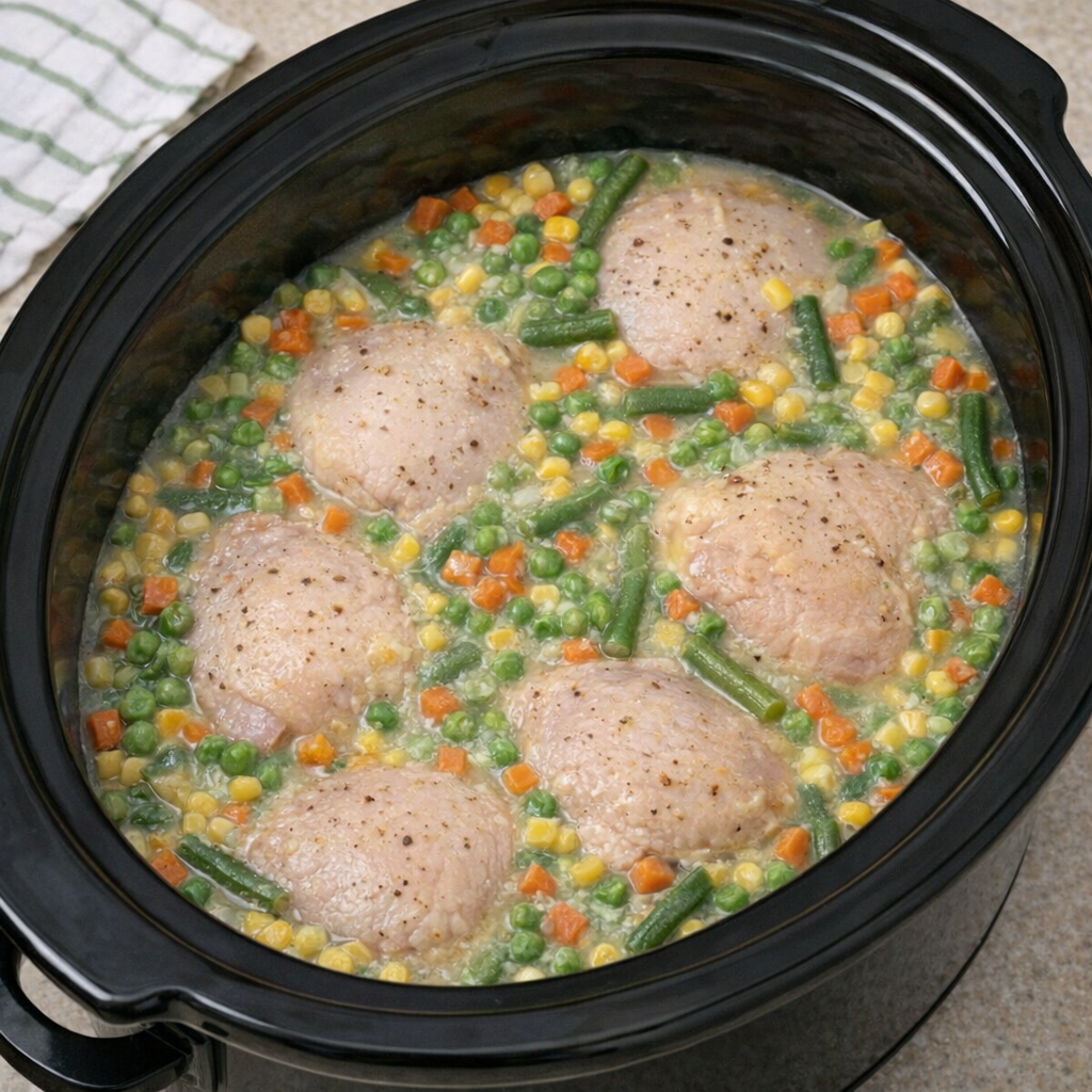Slow cooker filled with chicken and mixed vegetables before cooking