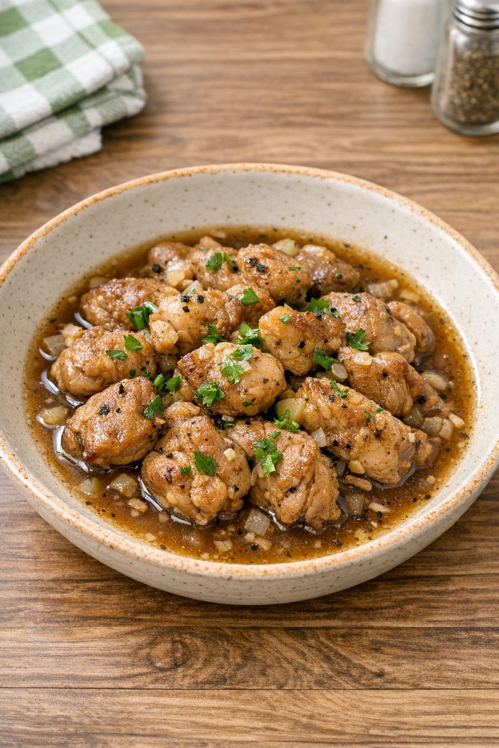 Finished sweetbread bites plated with broth and herbs