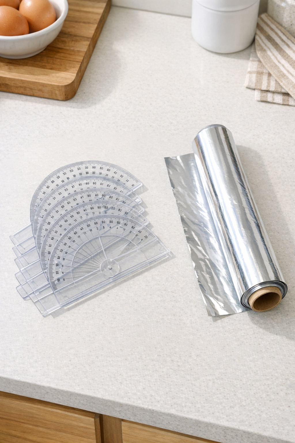 Clear plastic protractors and aluminum foil laid out for the project