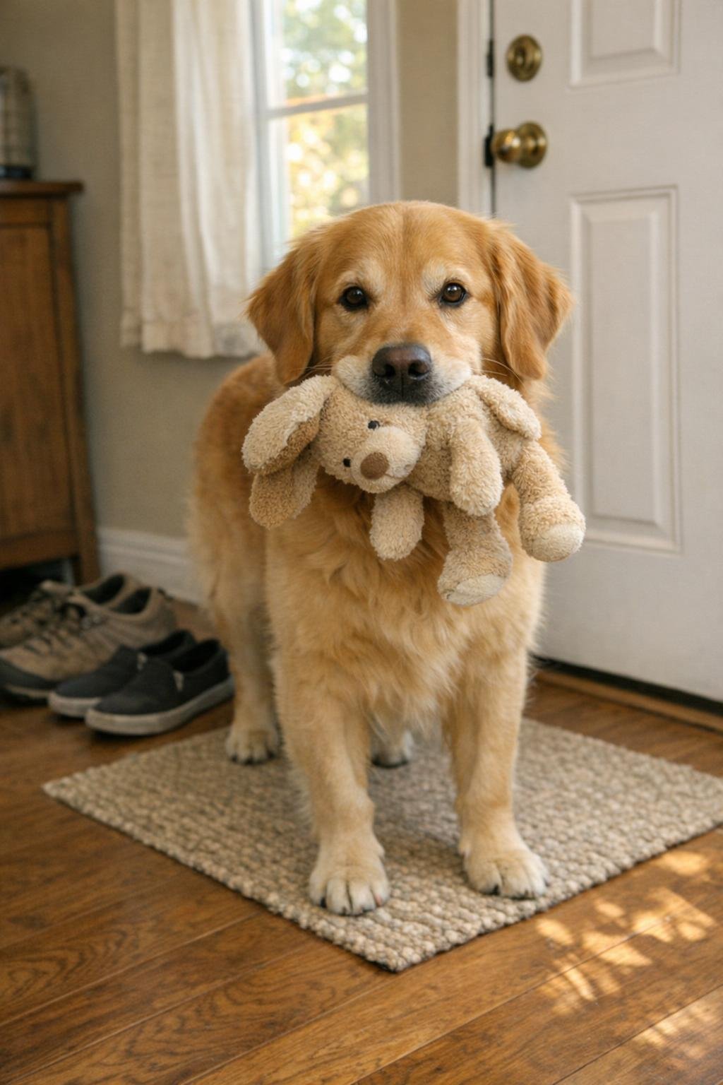 Dog holding a toy near the front door