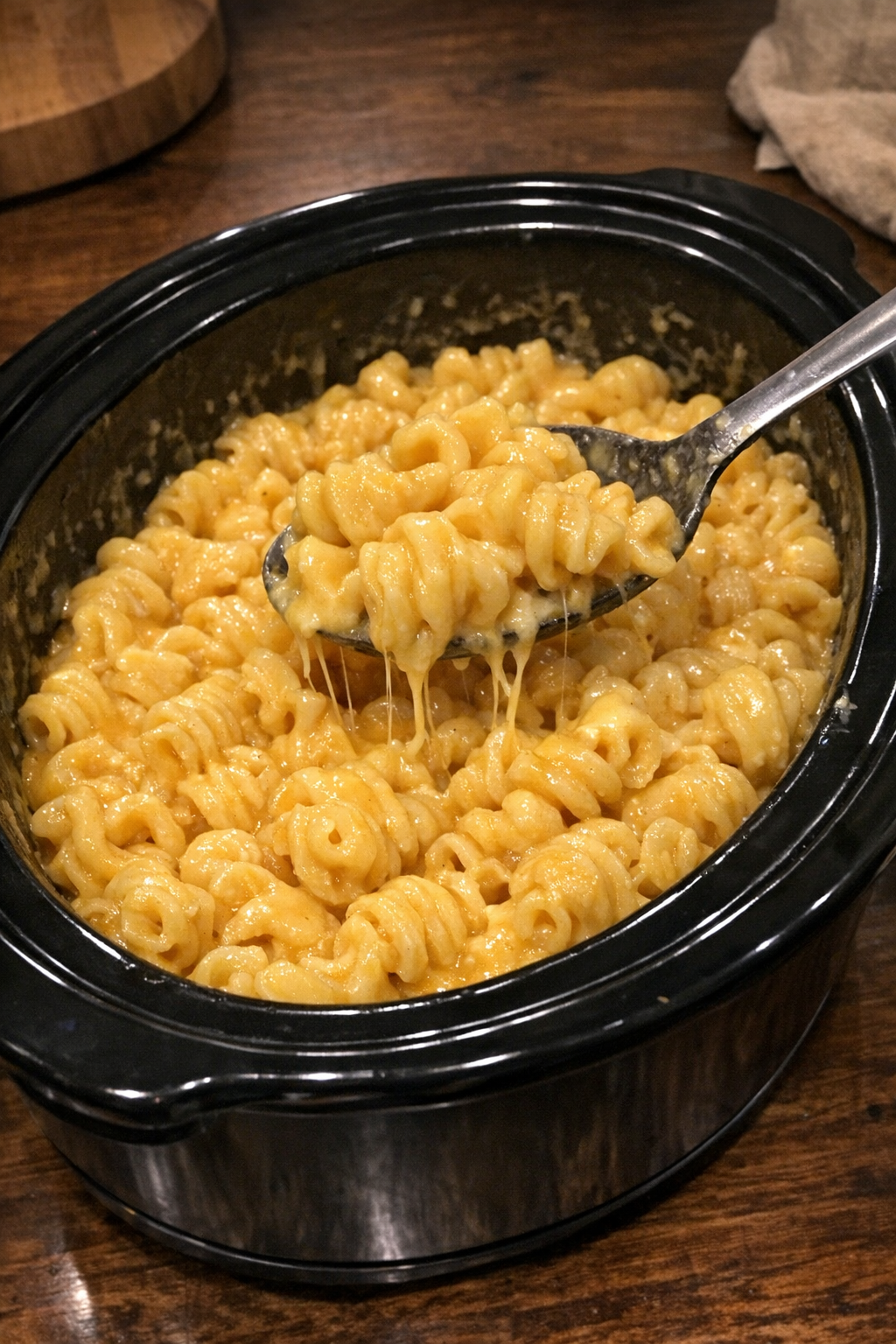Finished buttery cheese vesuvio pasta served hot from the slow cooker