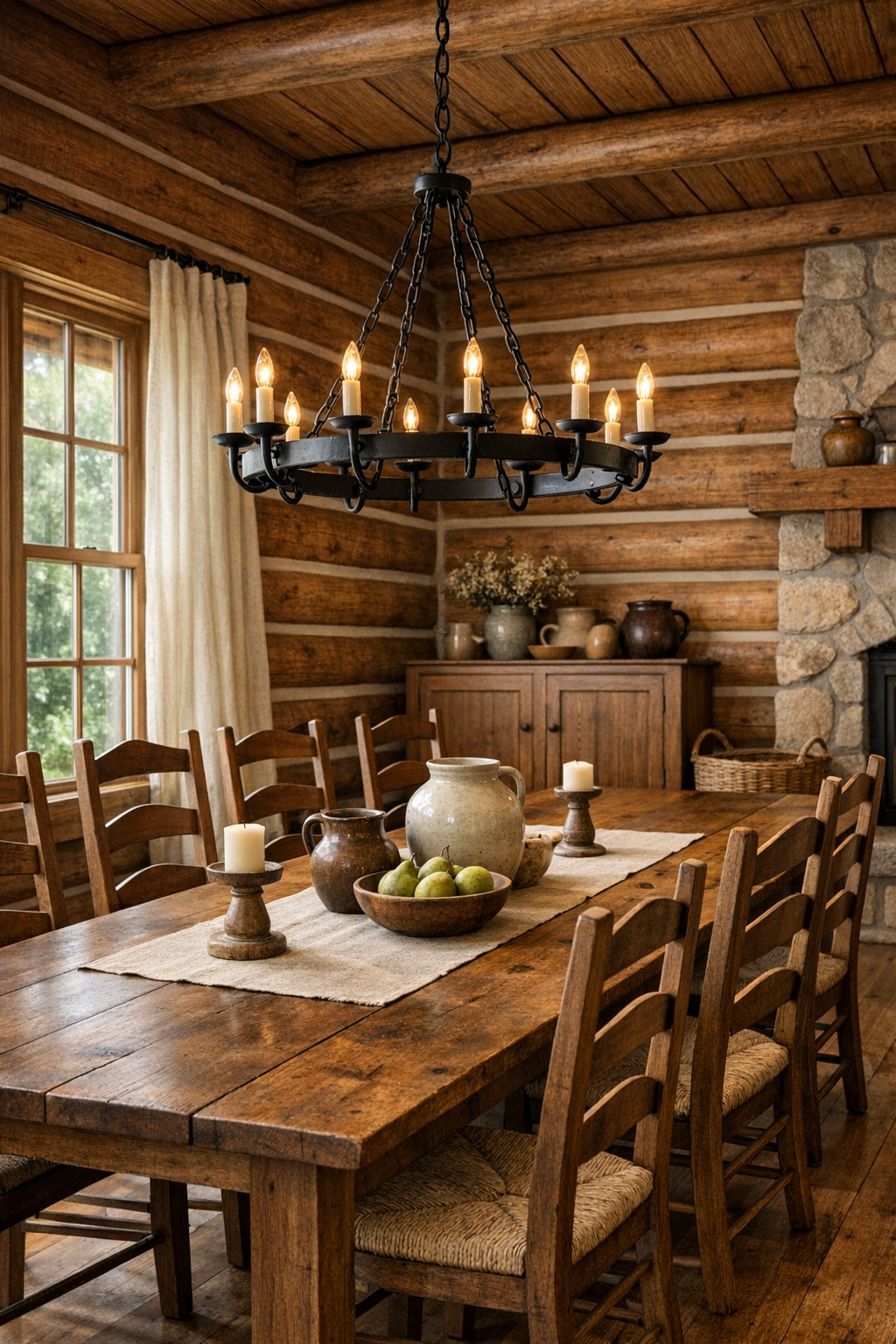 Rustic dining room with long wood table and iron chandelier