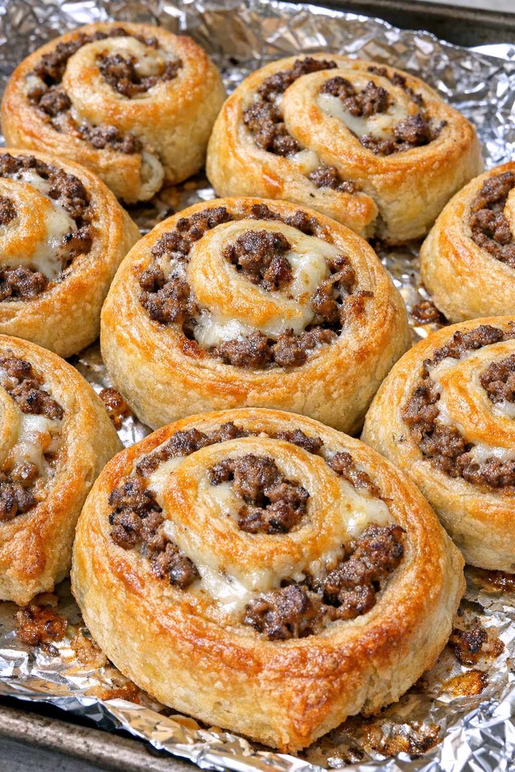 Golden brown beef pinwheels fresh from the oven