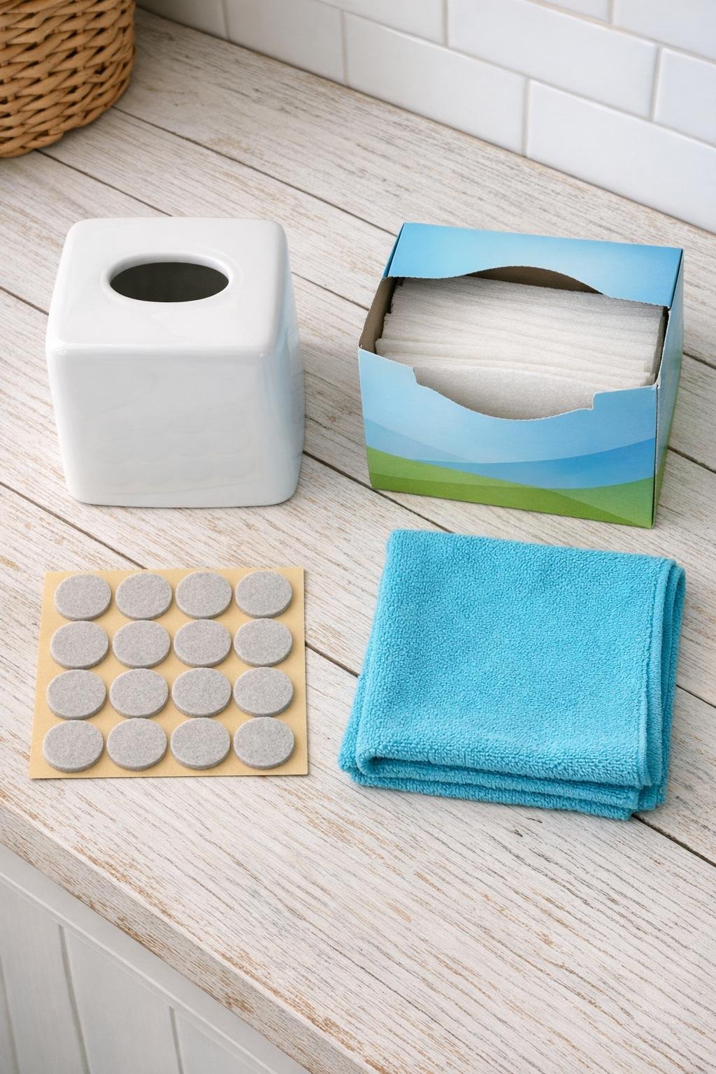 Materials for a ceramic tissue box dryer sheet dispenser laid out together