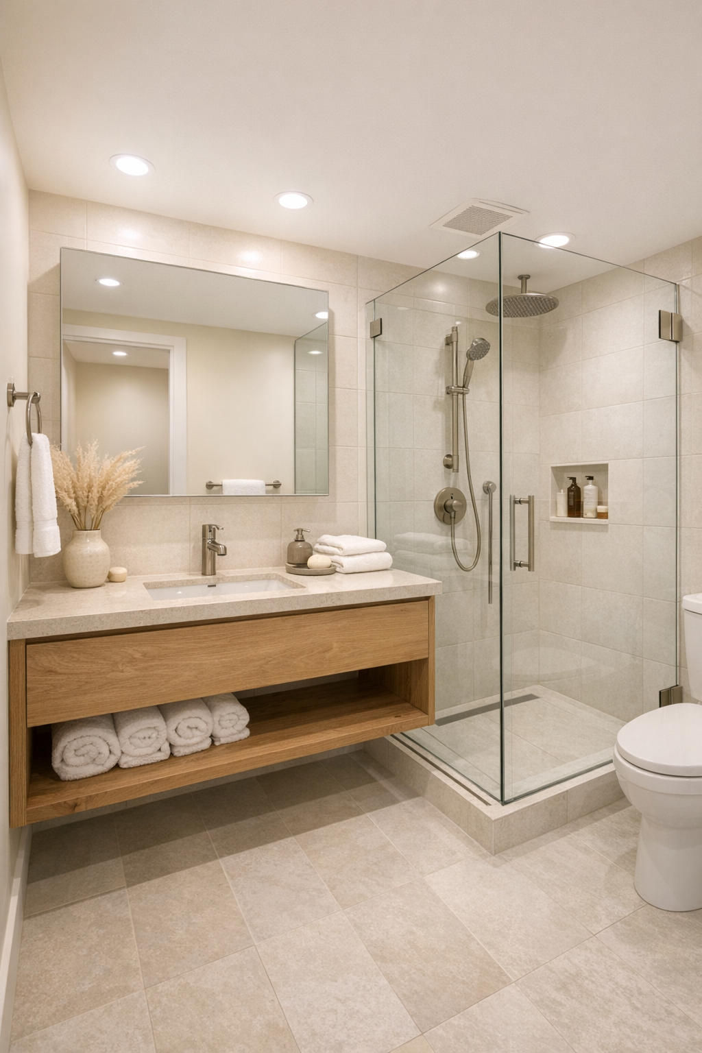 Soft neutral bathroom with pale oak vanity, creamy tile, and glass shower
