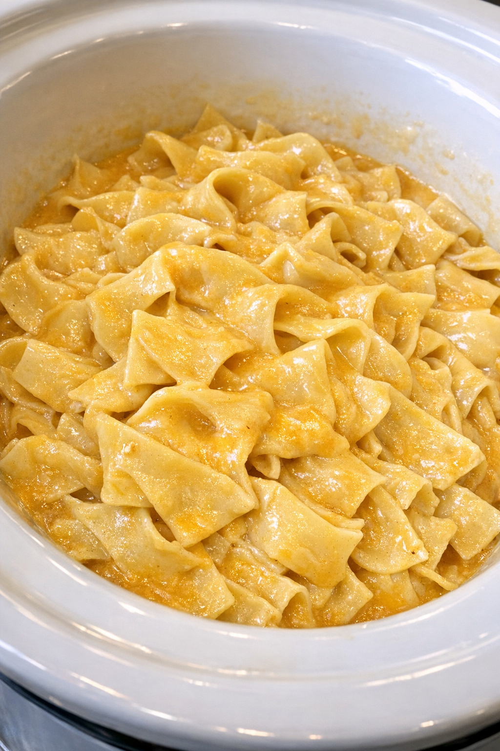 Creamy cheddar noodles in a white slow cooker