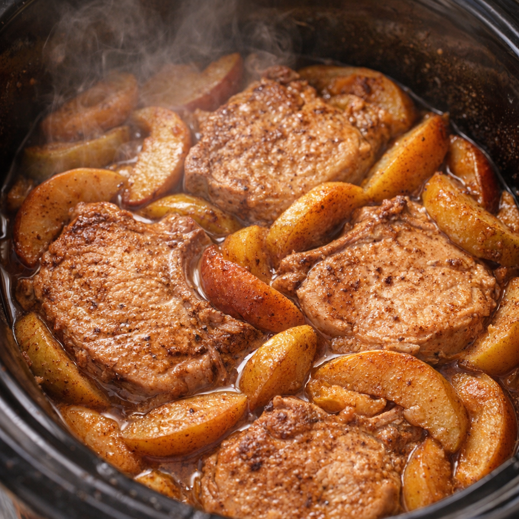Cooked pork chops and apples inside the slow cooker