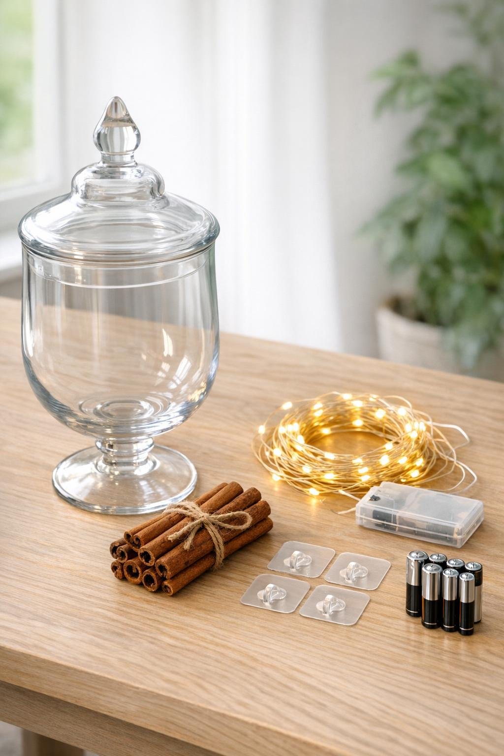 Materials for making a cozy jar light laid out on a table
