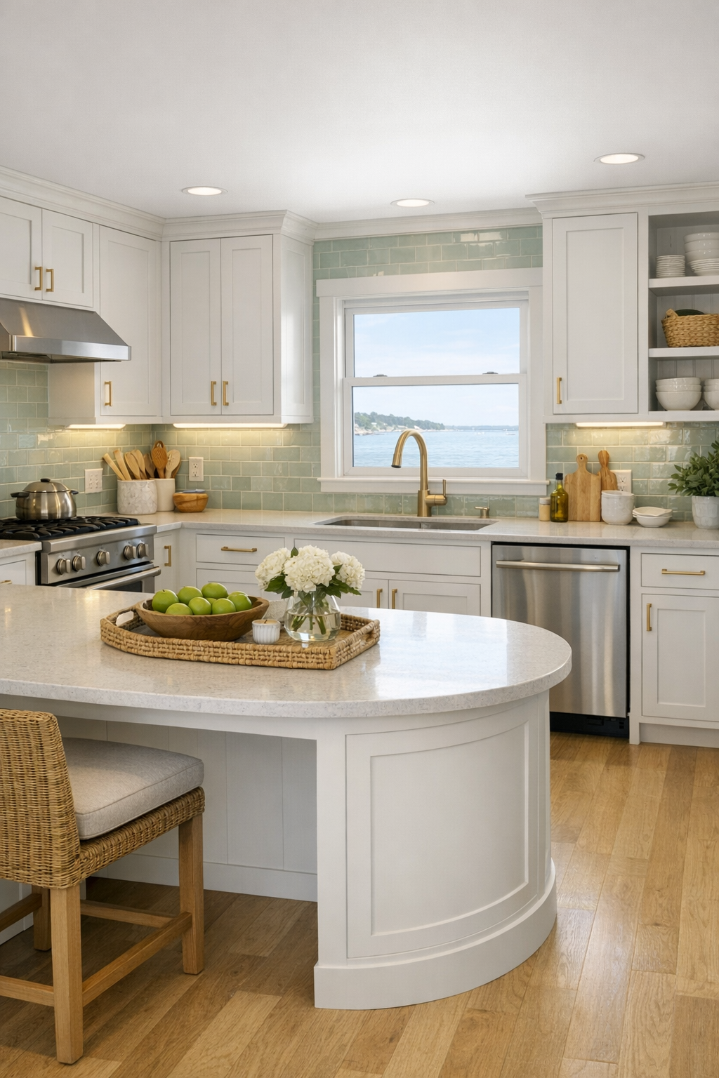 Accessible coastal kitchen with salt-white cabinets and celadon tile backsplash