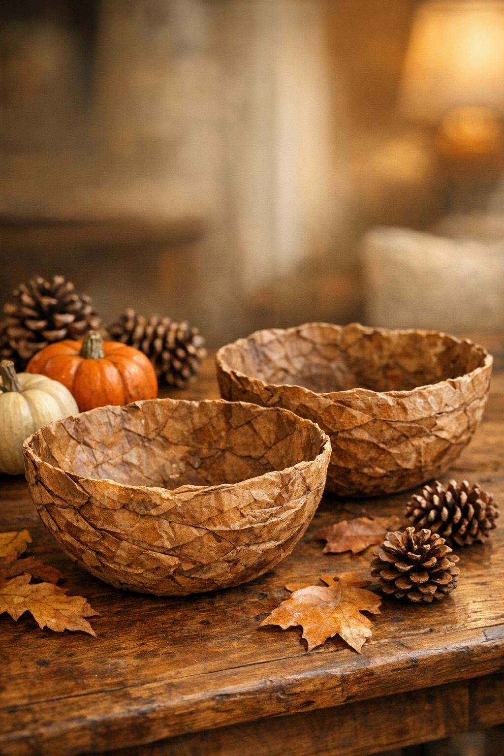 Finished rustic harvest bowls styled on a table