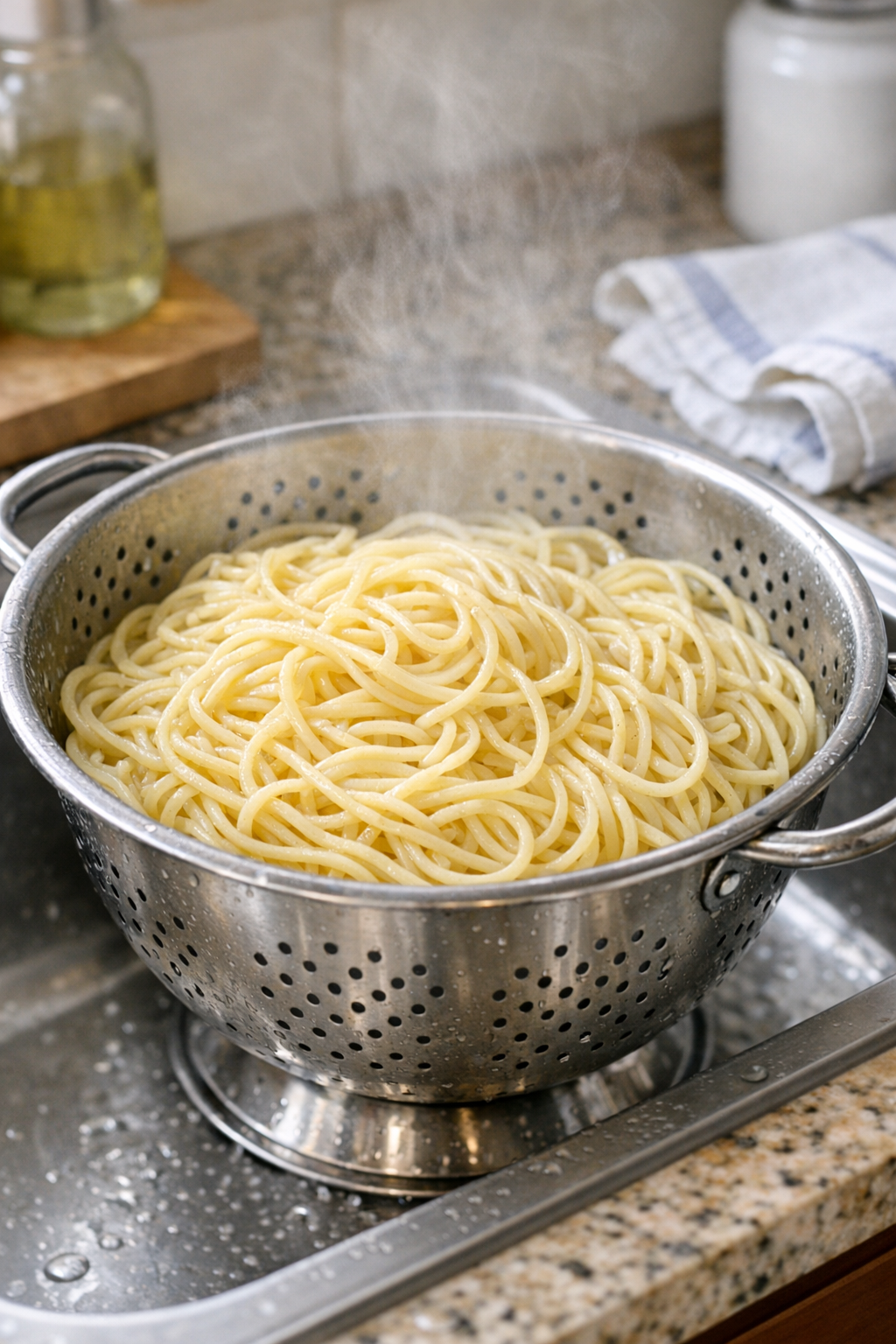 Drained cooked spaghetti in a colander