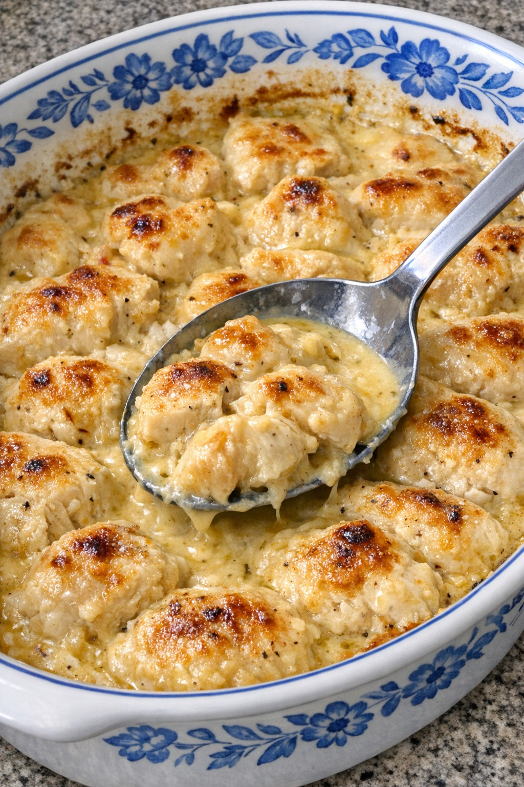 Tender chicken breast pieces in creamy golden sauce in a blue floral casserole dish