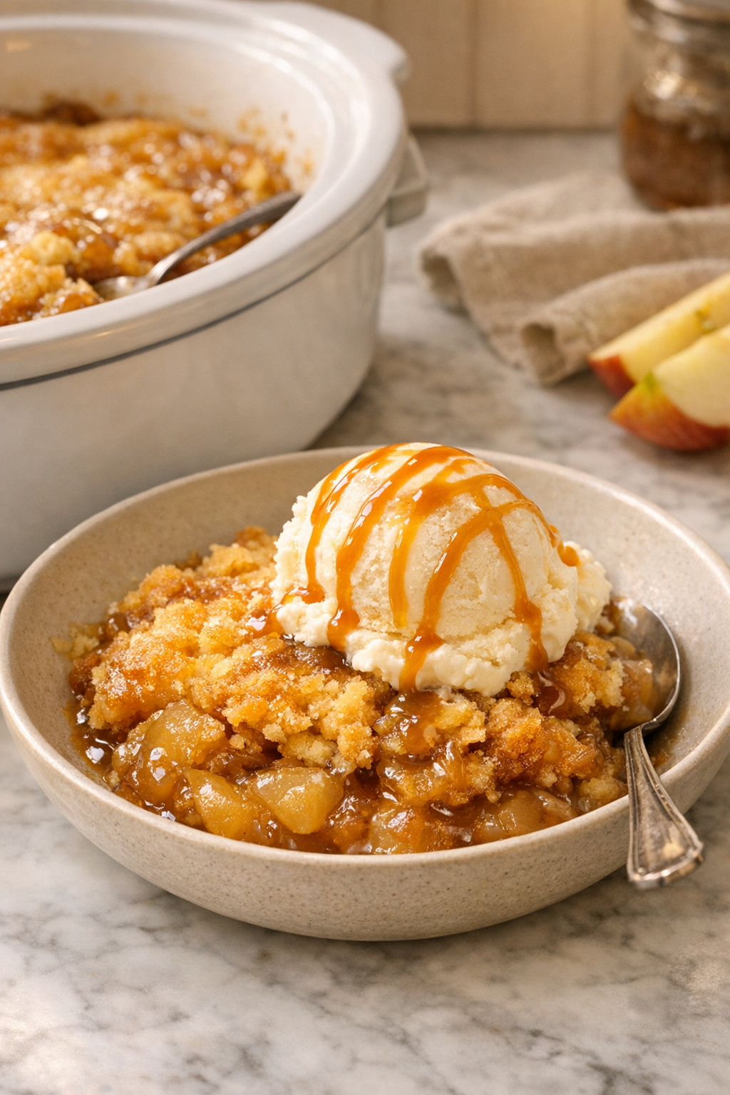 Warm caramel apple dump cake plated in a bowl with vanilla ice cream