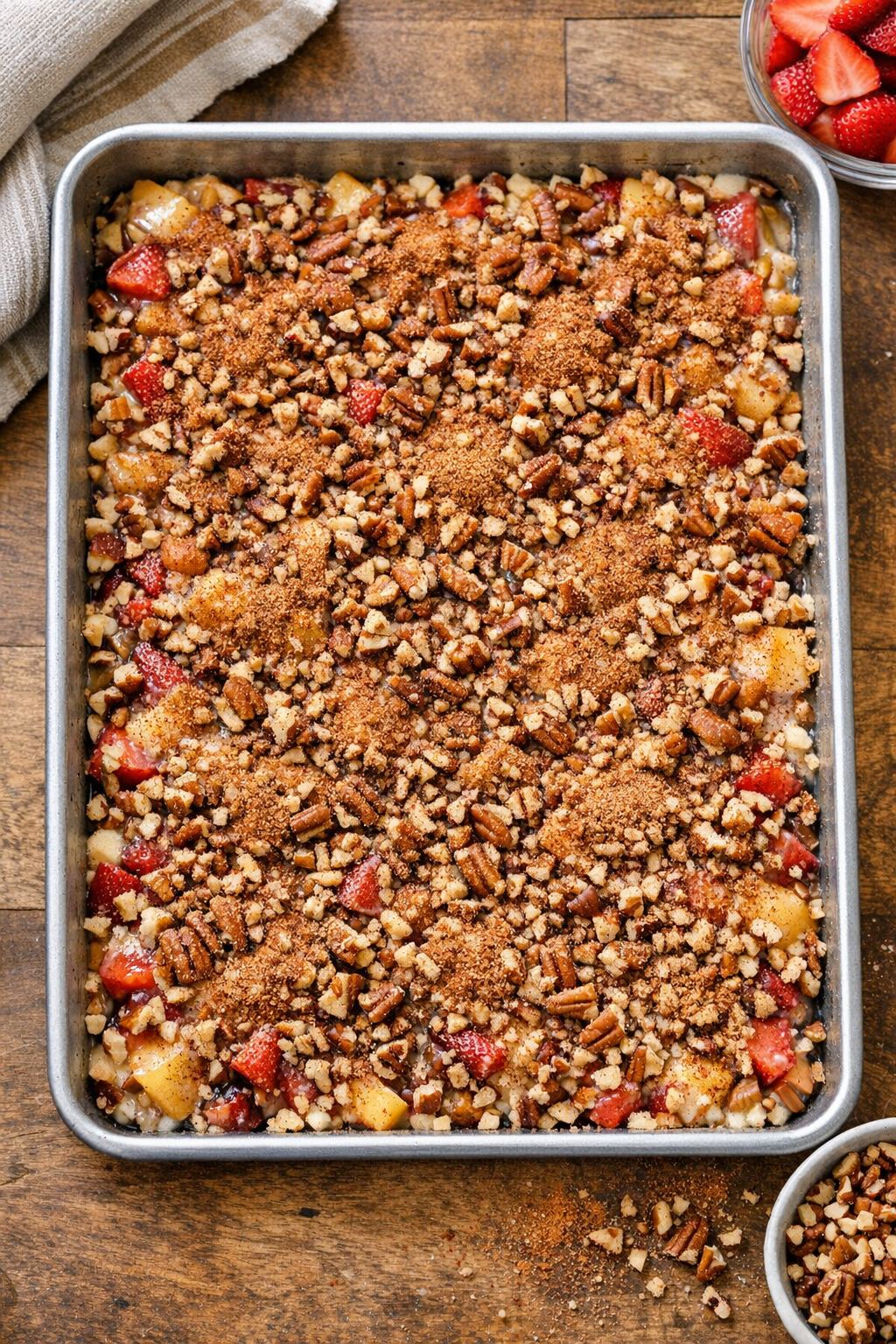 Dessert topped with cinnamon and pecans before baking