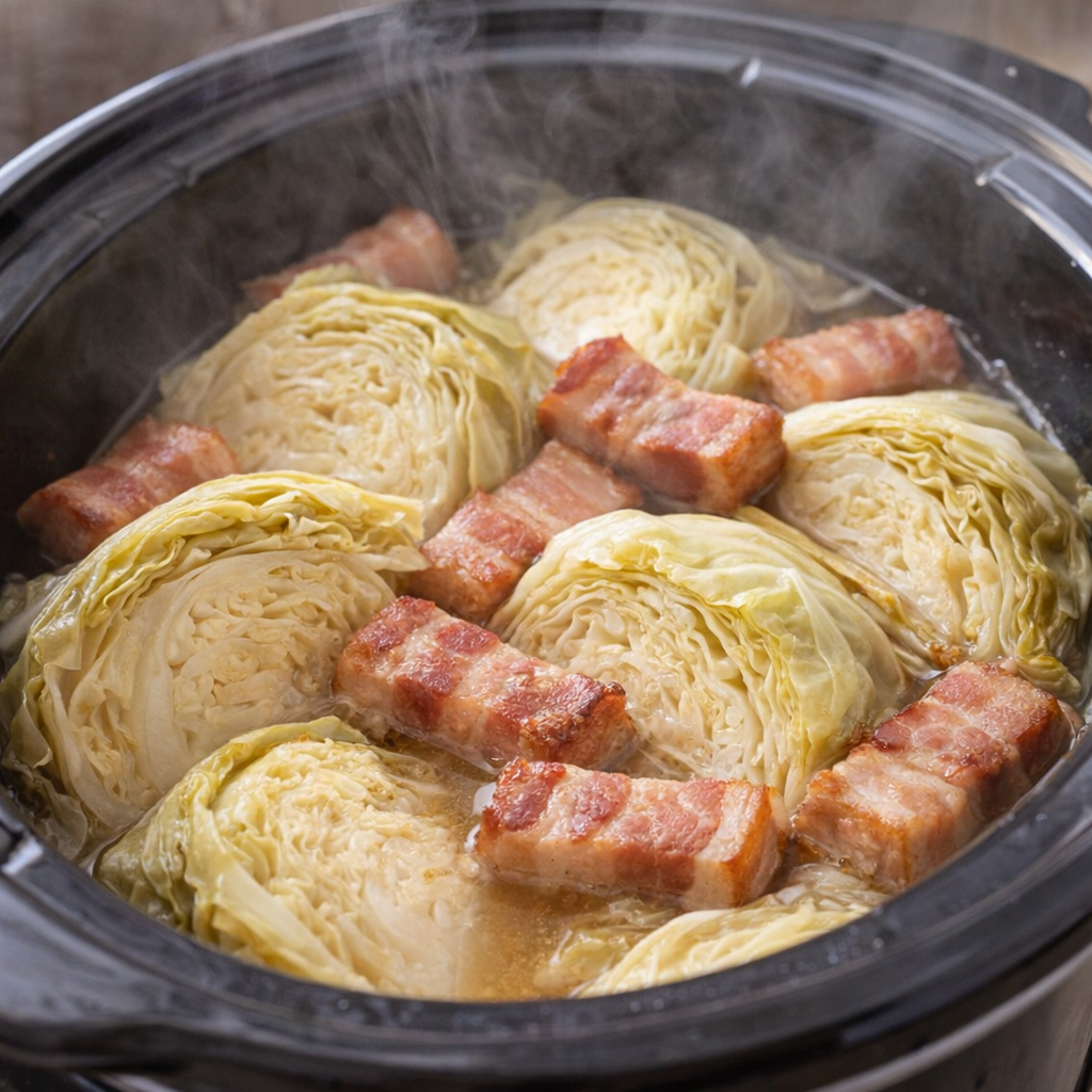 Cooked bacon and cabbage inside the slow cooker
